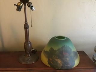 C Antique Reverse Painted Lamp Shade With Base