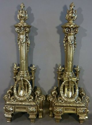 (2) Antique 19thc French Brass Old Column Jewel Victorian Fireplace Andirons