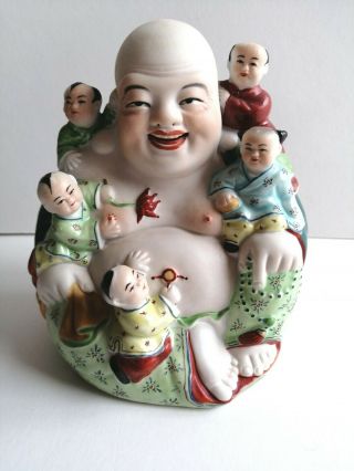 Antique Chinese Porcelain Happy Laughing Buddha Children Famille Rose Bisque