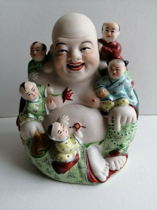 Antique Chinese Porcelain Happy Laughing Buddha Children Famille Rose Bisque 6