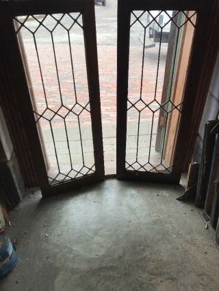 Sg 2089 Match Pair Antique Oak Leaded Glass Cabinet Doors 18 X 46