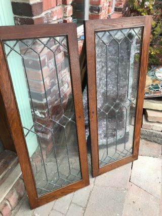 Sg 2089 Match Pair Antique Oak Leaded Glass Cabinet Doors 18 X 46 4