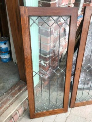 Sg 2089 Match Pair Antique Oak Leaded Glass Cabinet Doors 18 X 46 5