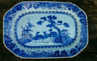 18TH C CHINESE EXPORT PORCELAIN BLUE AND WHITE PLATTER WITH DEER 10 3/4 inches 11