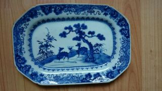 18th C Chinese Export Porcelain Blue And White Platter With Deer 10 3/4 Inches