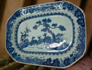 18TH C CHINESE EXPORT PORCELAIN BLUE AND WHITE PLATTER WITH DEER 10 3/4 inches 4