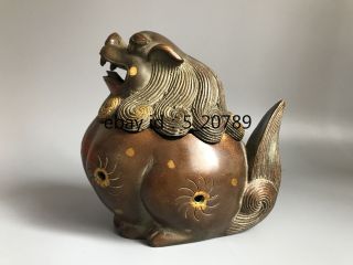 Chinese Fengshui Red Copper Foo Dog Lion Statue Incense Burner Censer