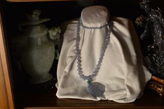 Rare Stunning Chinese Hand Carved Natural Blue Chalcedony Necklace 80.  7 Grams