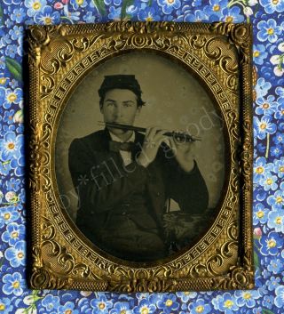 Great Flute Fife Playing Civil War Soldier Tintype Photo