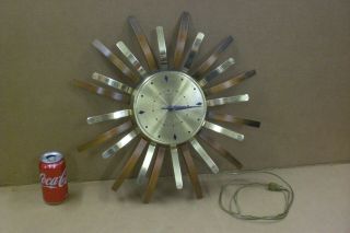 Vintage Mid Century United Sunburst Starburst Brass & Wood Wall Clock Antique