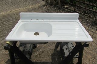Vintage Steel White Porcelain Single Basin Drainboard Farm Sink S110