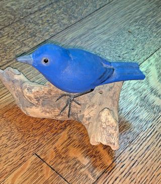 Antique Carved Bird Folk Art Wood Carving Decoy Signed Indigo Bunting Bluebird