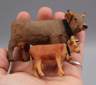 Antique Miniature Hand Carved & Painted Folk Art Wood Cows