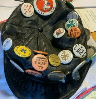 Vintage Leather Cap W/ 30 Gay Cali Motorcycle Club Biker Pins 1960s - 70s Badges