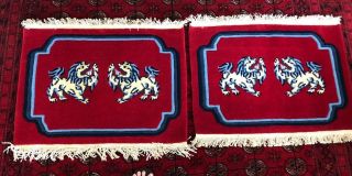 Rare Tibet Refugee Rug Wool 22 " X31 " Ea Hand Knotted Red Foo Dog Pair 1970 6