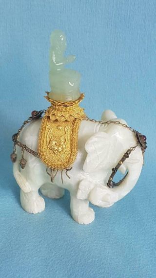 Fantastic Antique Carved Jade Elephant W Buddha & Gold Bullion Braid Howdah