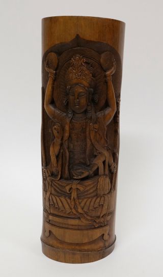 Antique Chinese Hand Carved Bamboo Brush Pot With Buddha