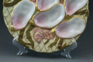 Pr 19C German Porcelain Oyster Plates w/ Seaweed Pink & Gold Collamore & Co 2/3 11