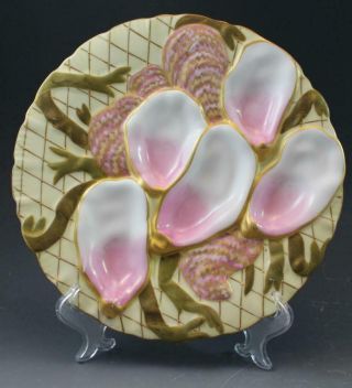 Pr 19C German Porcelain Oyster Plates w/ Seaweed Pink & Gold Collamore & Co 2/3 2