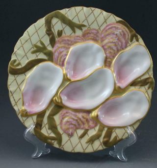 Pr 19C German Porcelain Oyster Plates w/ Seaweed Pink & Gold Collamore & Co 2/3 8