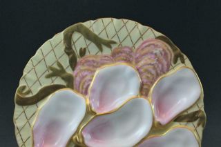 Pr 19C German Porcelain Oyster Plates w/ Seaweed Pink & Gold Collamore & Co 2/3 9