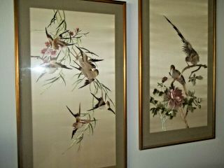 Pair Antique Chinese Embroidered White Silk Panels Framed Birds Gorgeous