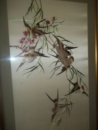 Pair Antique Chinese Embroidered White Silk Panels Framed BIRDS GORGEOUS 3