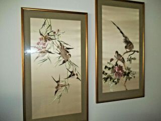 Pair Antique Chinese Embroidered White Silk Panels Framed BIRDS GORGEOUS 6