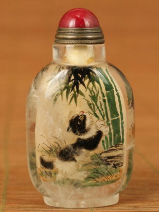 100 Natural Crystal Unique Hand Painting Cat Playing Bamboo Snuff Bottle