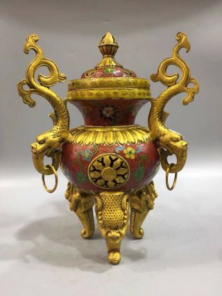 Chinese Antique Cloisonne Carved Double Dragon Incense Burner
