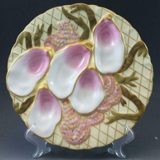 Pr 19C German Porcelain Oyster Plates w/ Seaweed Pink & Gold Collamore & Co 1/3 2