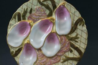 Pr 19C German Porcelain Oyster Plates w/ Seaweed Pink & Gold Collamore & Co 1/3 4
