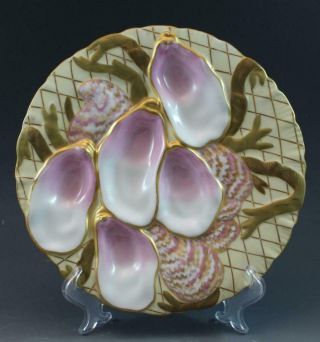 Pr 19C German Porcelain Oyster Plates w/ Seaweed Pink & Gold Collamore & Co 1/3 8