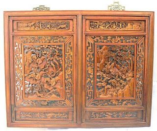 Antique Chinese Carved Wooden Temple Panels Warriors On Horseback Ornate