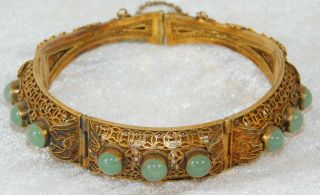 Atq Chinese Jade Gold Sterling Silver Filigree Vermeil Hinged Bracelet