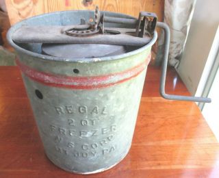 Antique Rare Regal Galvanized Tin Ice Cream Maker Mt Joy Pa Red Trim Hand Crank