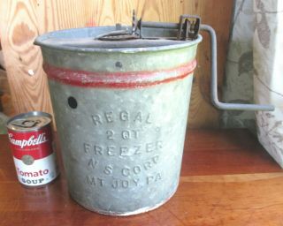 Antique RARE REGAL Galvanized Tin Ice Cream Maker MT JOY PA Red Trim Hand CranK 3