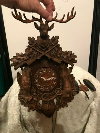 Large Antique Old Vintage Lux Cuckoo Clock 2 Weight Wall Hunter Deer Rabbit