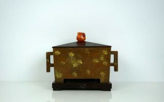 A Gold - Splashed Bronze Censer with Wooden Stand and Cover 3