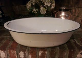 Vintage Porcelain Enamel Baby Bath Basin Tub Wash Large Oval White Black Trim