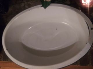 Vintage Porcelain Enamel Baby Bath Basin Tub Wash Large Oval White Black Trim 2