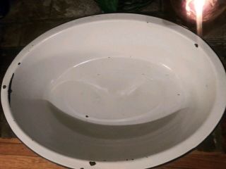 Vintage Porcelain Enamel Baby Bath Basin Tub Wash Large Oval White Black Trim 4