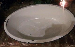 Vintage Porcelain Enamel Baby Bath Basin Tub Wash Large Oval White Black Trim 5