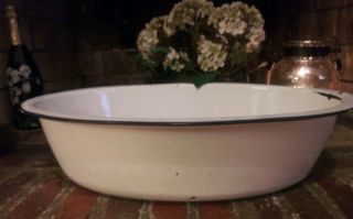 Vintage Porcelain Enamel Baby Bath Basin Tub Wash Large Oval White Black Trim 6