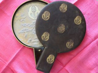 Antique Japanese Bronze Kagami Mirror In Fitted Lacquer Case Meiji Period