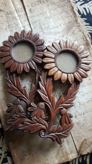 Rare Antique French Art - Nouveau Carved Wooden Sunflower Photo Frames