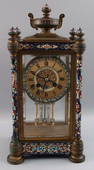Antique Ovington Bro.  French Champleve Ename & Bronze Crystal Regulator Clock NR 3