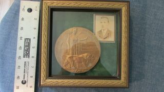 Framed 4 ¾” Bronze British Table Medal To Walter Scholes Kia Ww I & Photo