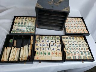 Antique Chinese Carved Bovine Bone Bamboo Mah Jongg Tile Game Set,  Rare