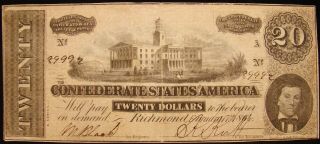 1864 Confederate $20.  00 Note From Tenn.  Estate.  Example.  Civil War.